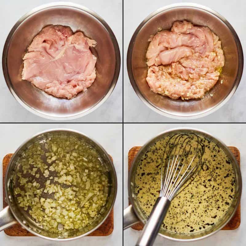 Collage of marinating chicken and preparing base for gorgonzola sauce.