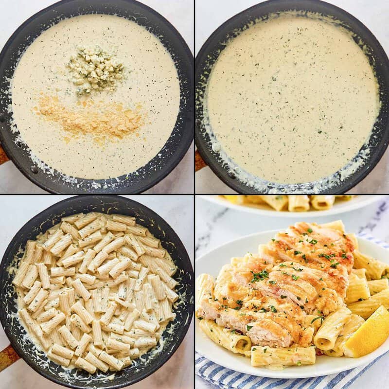 Collage of making sauce and finishing chicken gorgonzola pasta.