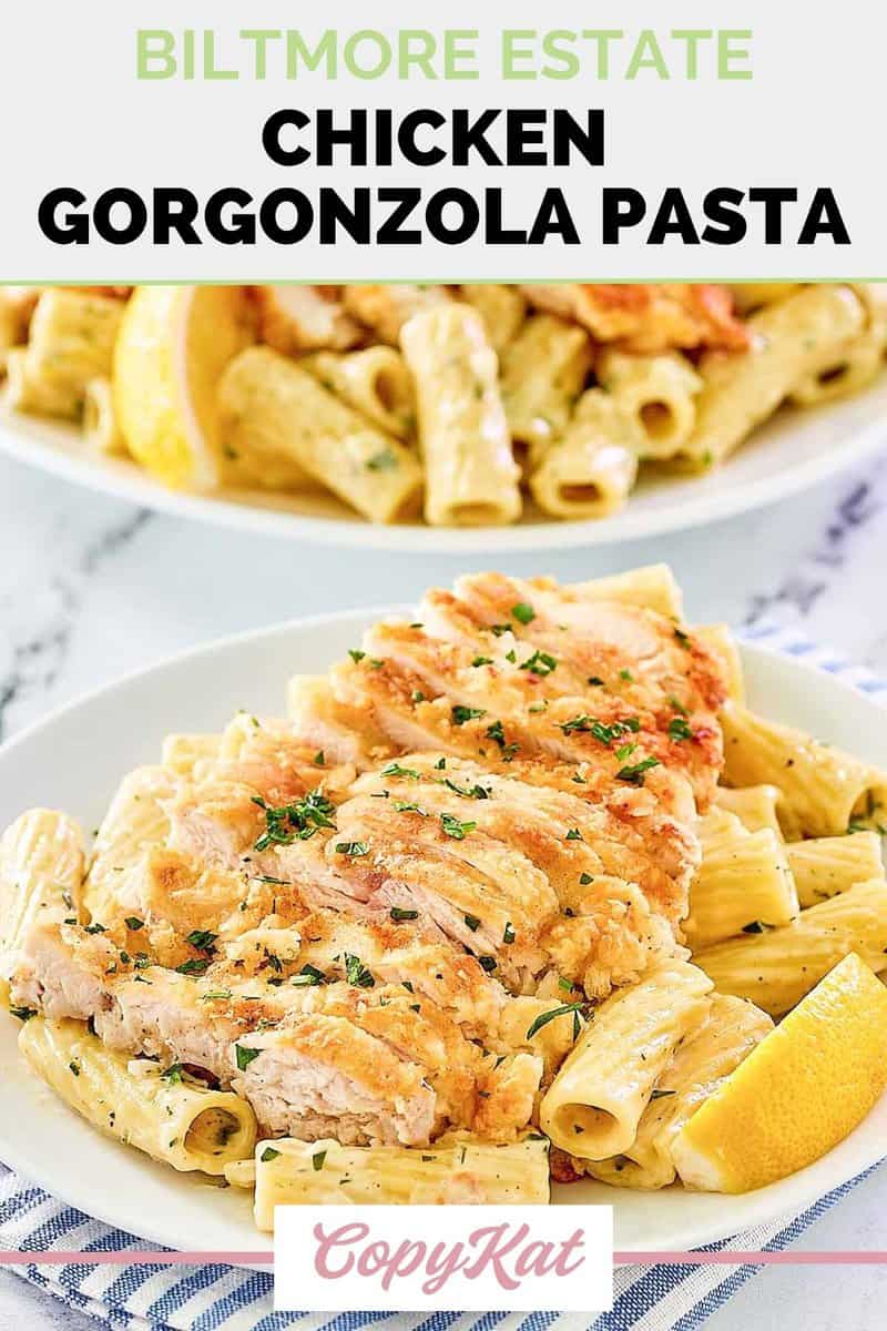 Homemade Biltmore Estate chicken gorgonzola pasta serving on a plate.