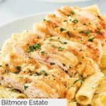 Closeup of homemade Biltmore Estate chicken gorgonzola pasta on a white plate.