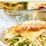 Chicken and asparagus lasagna on a plate.