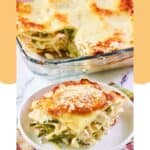 Chicken lasagna in a glass baking dish and a serving on a plate.