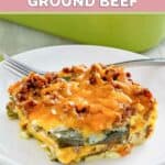 Chili relleno casserole with ground beef serving on a plate.