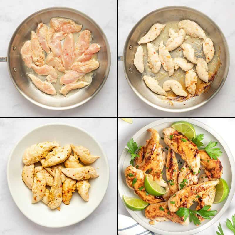 Collage of cooking copycat Cracker Barrel grilled chicken tenders.