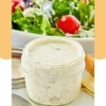 Homemade dill pickle ranch dressing in a small mason jar.