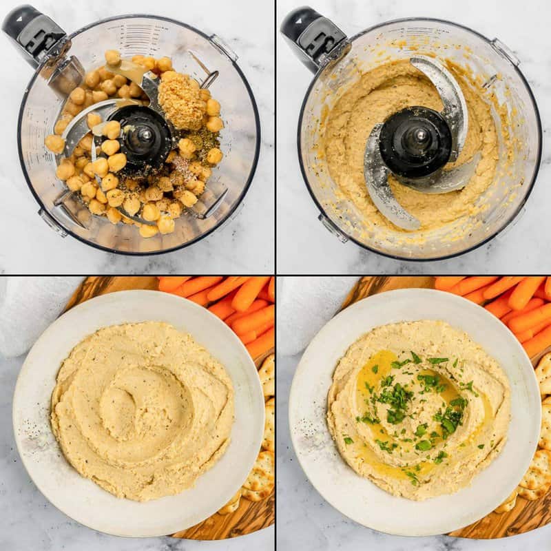 Collage of making garlic hummus.