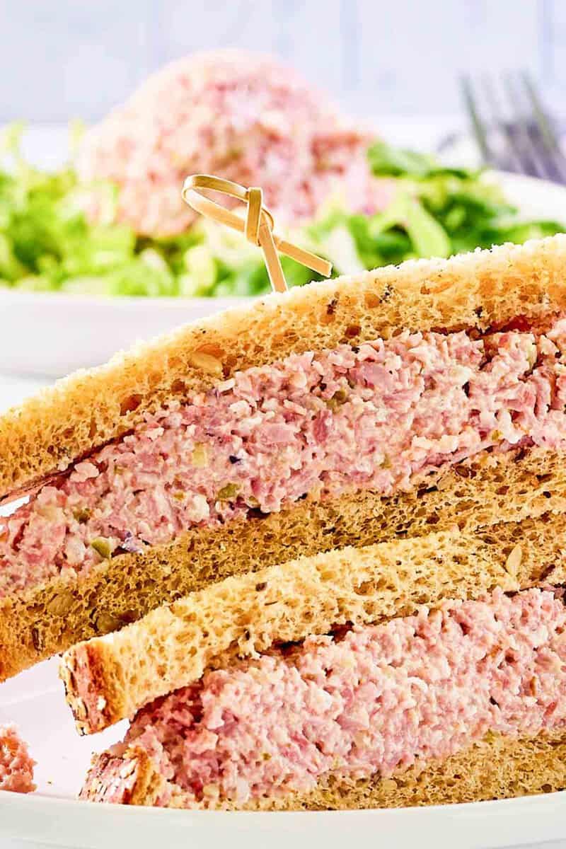 Closeup of a ham salad sandwich with wheat bread.
