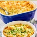 Cheesy hashbrown casserole with cornflakes in a bowl and blue baking dish.