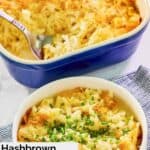Cheesy hashbrown casserole with cornflakes in a blue baking dish and white bowl.