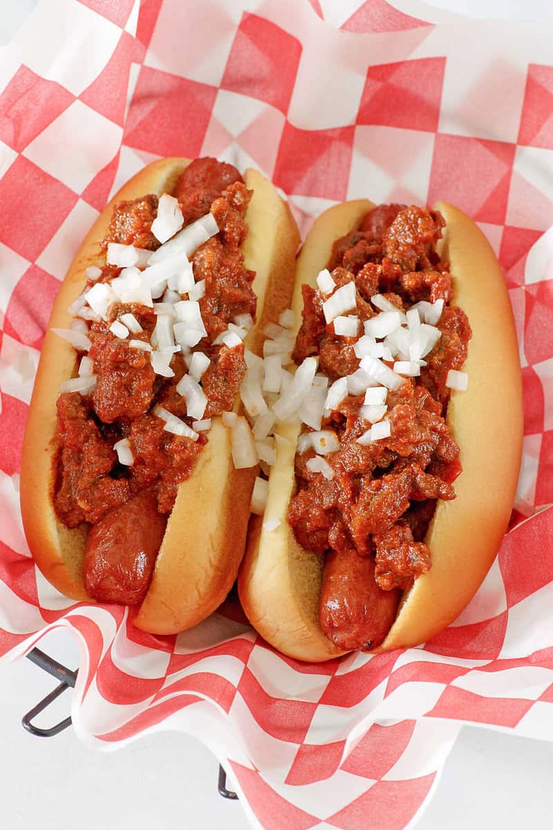 Hot dogs with copycat James Coney Island chili on them.