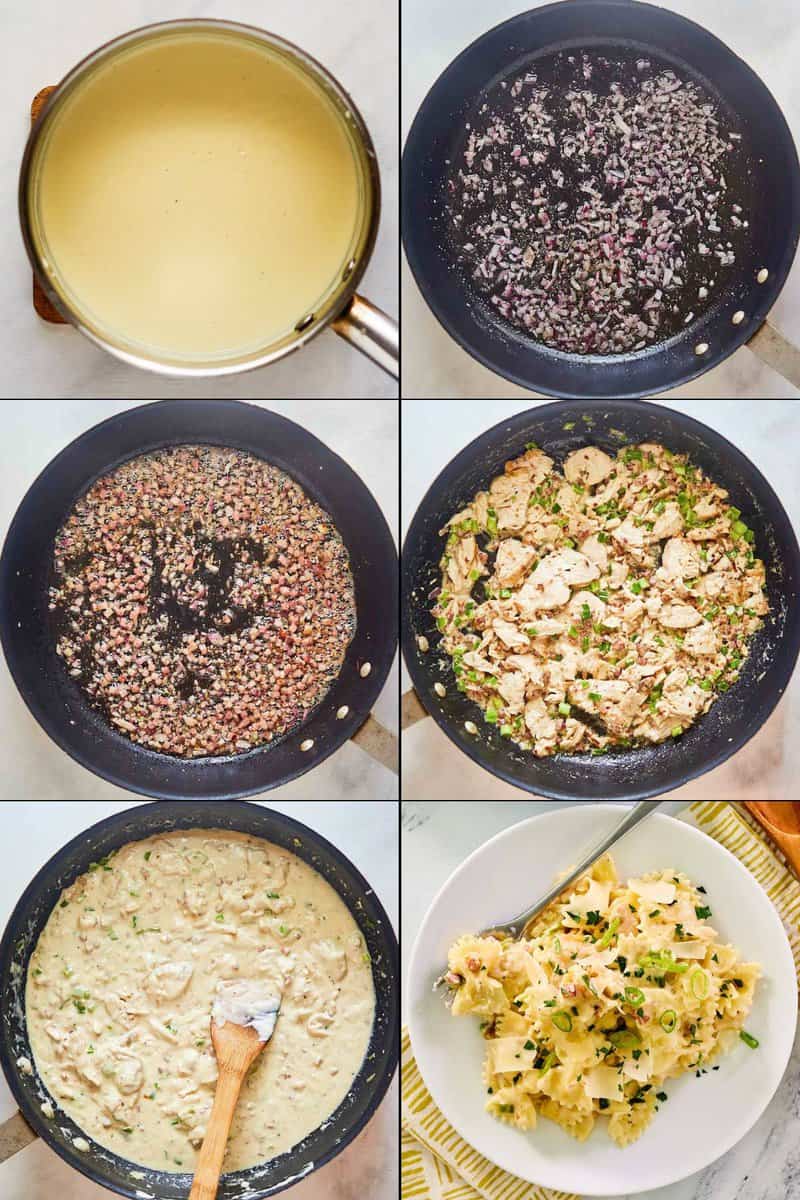 Collage of making copycat Macaroni Grill sugo bianco.