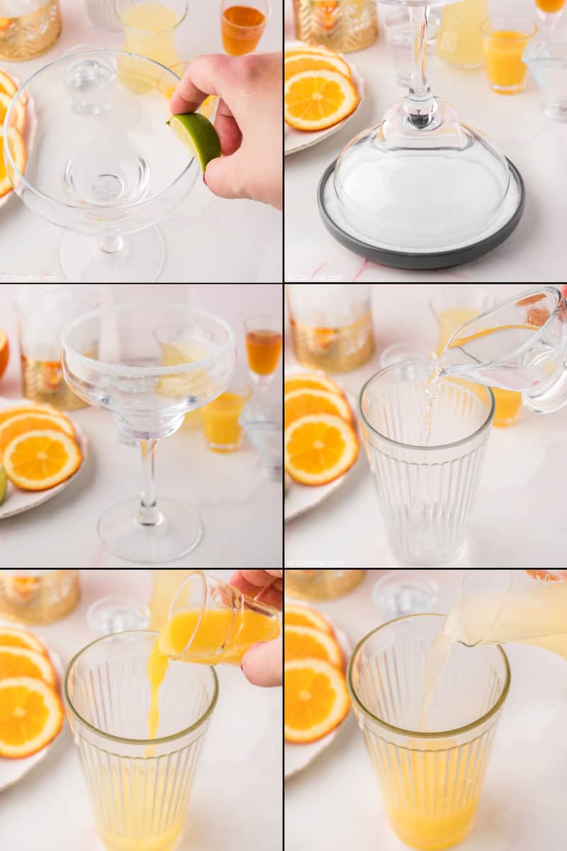 Collage of rimming a margarita glass with sugar and adding Italian margarita ingredients to a cocktail shaker.