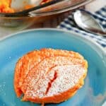 Homemade Piccadilly carrot souffle on a blue plate.