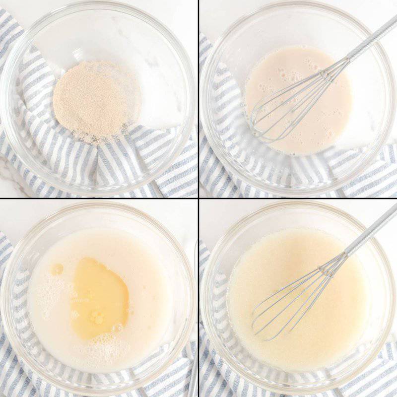 Collage of blooming and preparing yeast mixture for copycat Pizza Hut cheese sticks.
