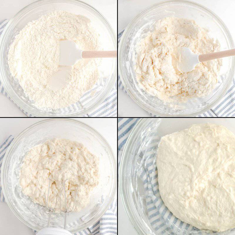 Collage of making dough for copycat Pizza Hut cheese sticks.