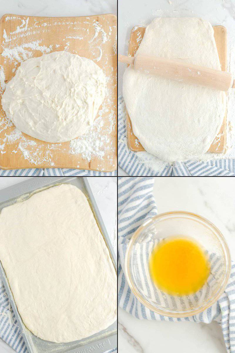 Collage of rolling out pizza dough and melted butter to make copycat Pizza Hut cheese sticks.