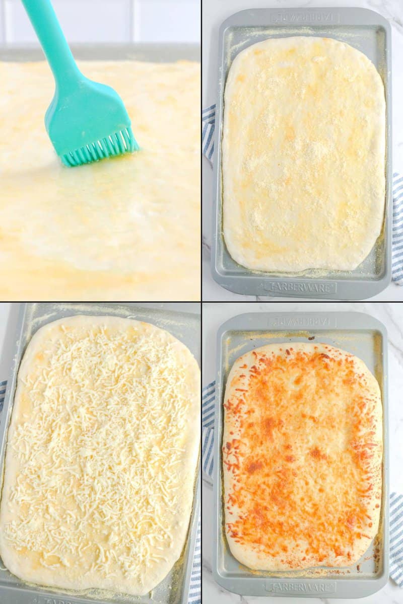 Collage of topping pizza dough to make copycat Pizza Hut cheese sticks.