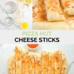 Copycat Pizza Hut cheese sticks ingredients and the finished sticks.