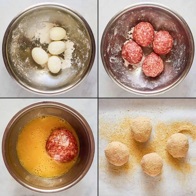 Collage of making Scotch eggs.
