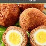 Four Scotch eggs on a plate and one cut in half.
