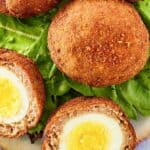 Closeup overhead view of Scotch eggs on a plate.