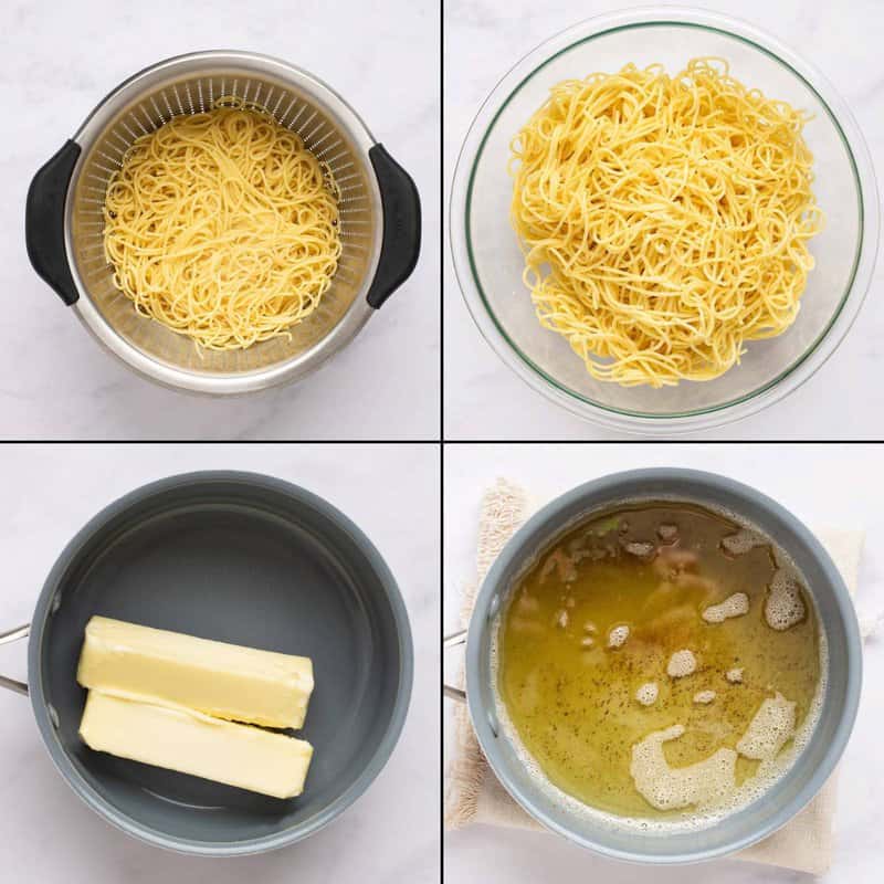 Collage of cooked spaghetti and making browned butter.