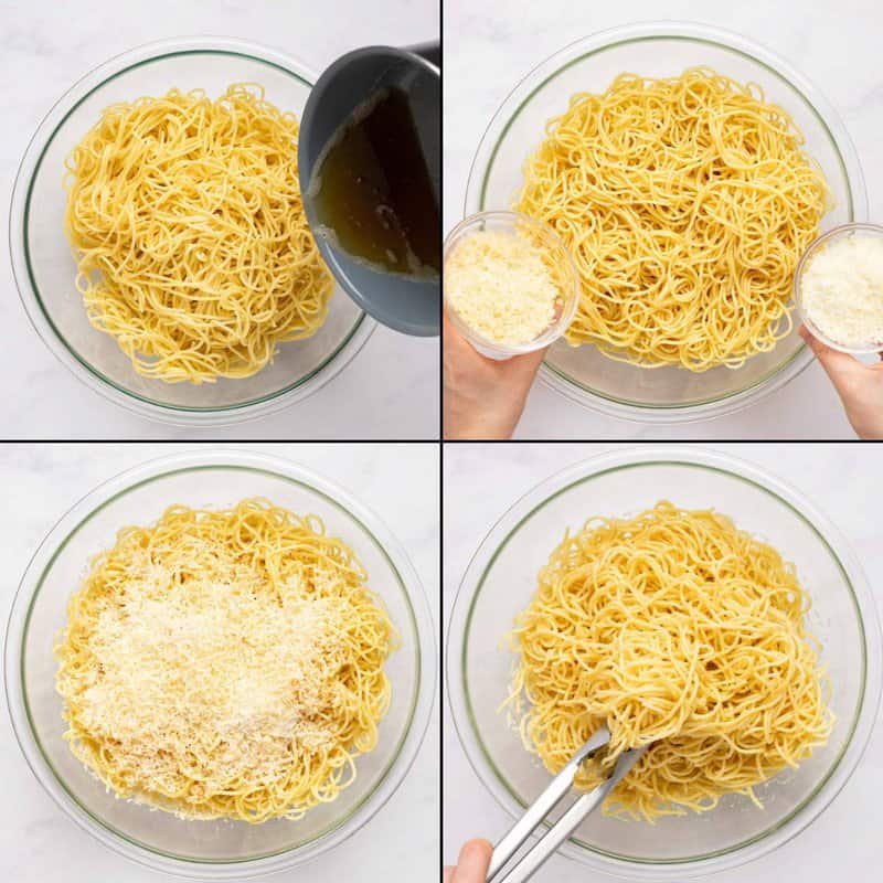 Collage of making spaghetti with mizithra cheese and browned butter sauce.