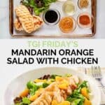 Copycat TGI Friday's mandarin orange salad ingredients and the salad in a white bowl.