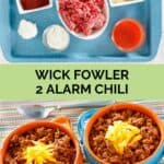 Copycat Wick Fowler 2 alarm chili ingredients and the finished chili in bowls.