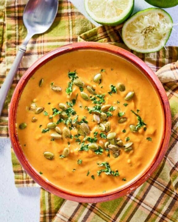 A bowl of curried pumpkin soup.