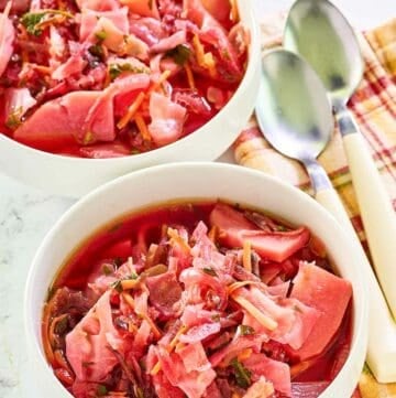 Homemade Borscht in two bowls.