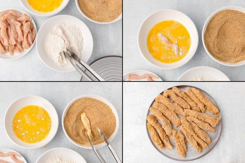 Collage of breading chicken strips to make chicken fries.