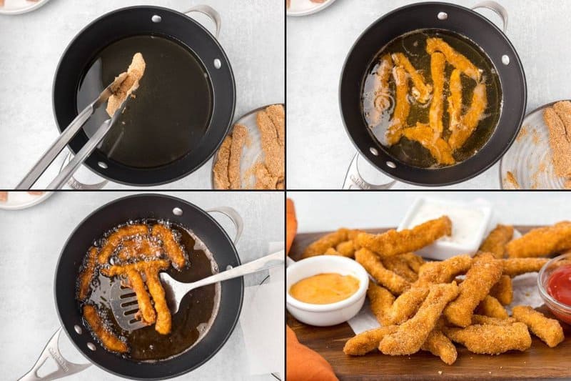 Collage of frying chicken fries in a skillet and the finished fries.