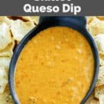 Copycat Chili's skillet queso dip in a small oblong cast iron skillet.