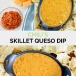 Copycat Chili's skillet queso ingredients and the finished dip.