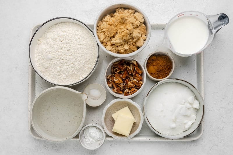 Cinnamon coffee cake ingredients on a tray.