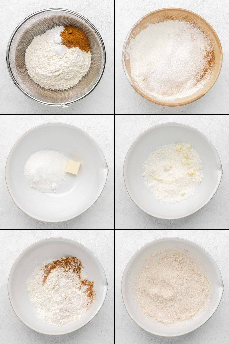 Collage of preparing and mixing dry ingredients for a cinnamon coffee cake.