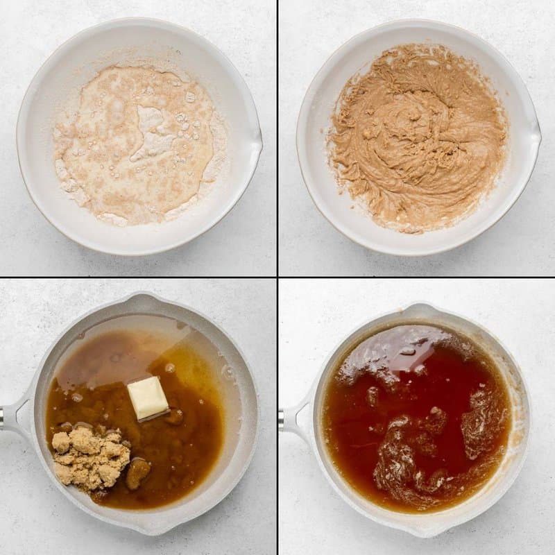 Collage of mixing wet and dry ingredient and making topping for cinnamon coffee cake.