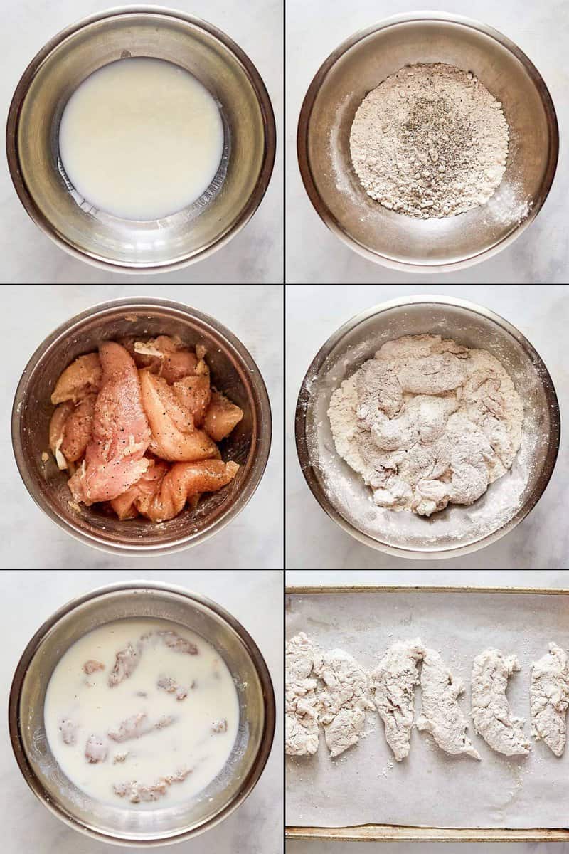 Collage of breading chicken tenderloins to make Cracker Barrel fried chicken tenders.