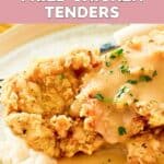 Homemade Cracker Barrel fried chicken tenders and gravy over mashed potatoes.
