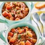 Crockpot beef stew with potatoes and carrots in two bowls.