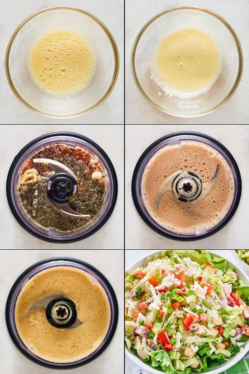 Collage of making copycat Cucina Cucina salad dressing and chopped salad.