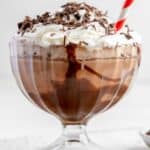 Frozen hot chocolate in a large glass dessert dish.