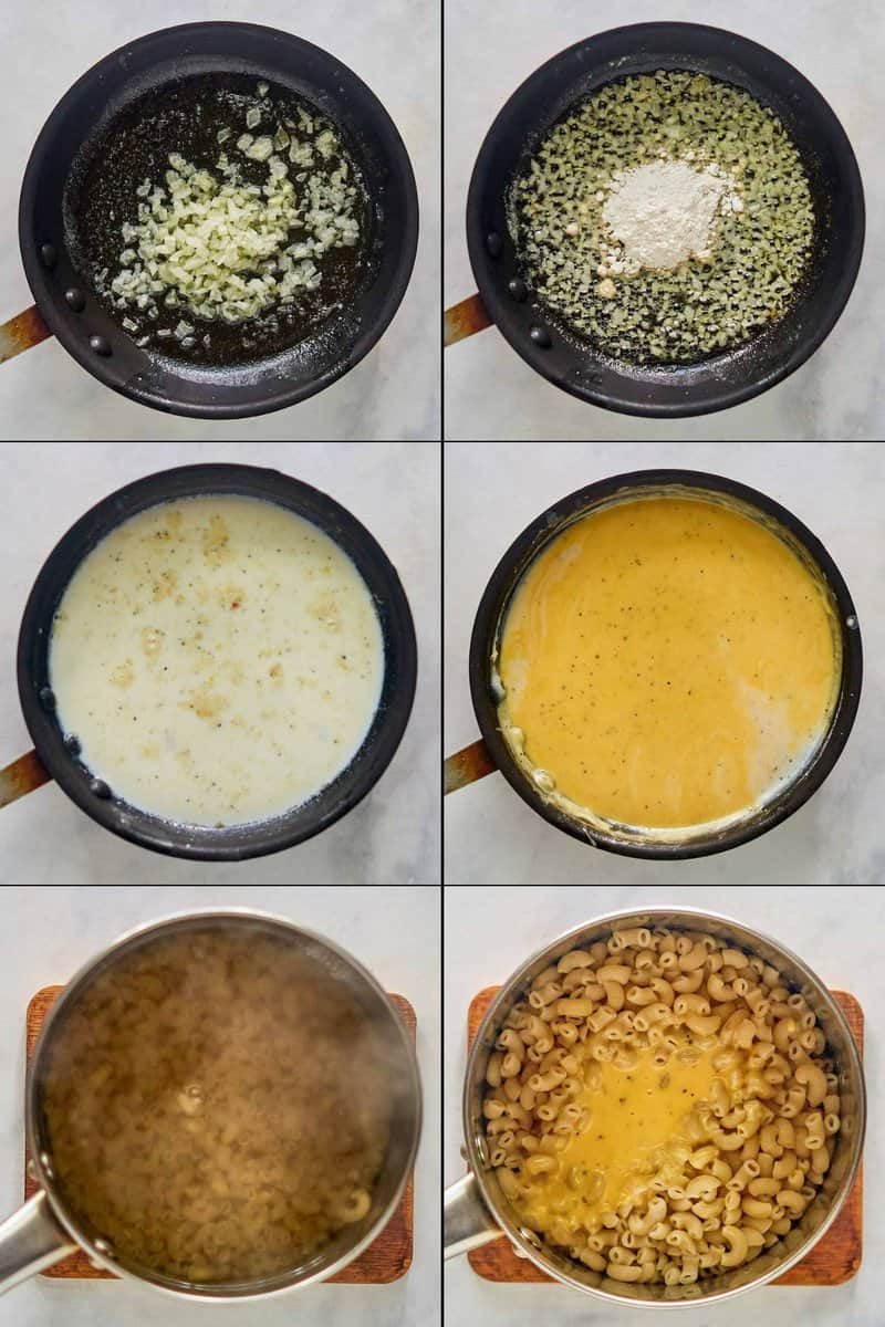 Collage of making homemade mac and cheese.