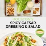 Copycat Houston's spicy Caesar dressing and salad ingredients on a tray and the salad.