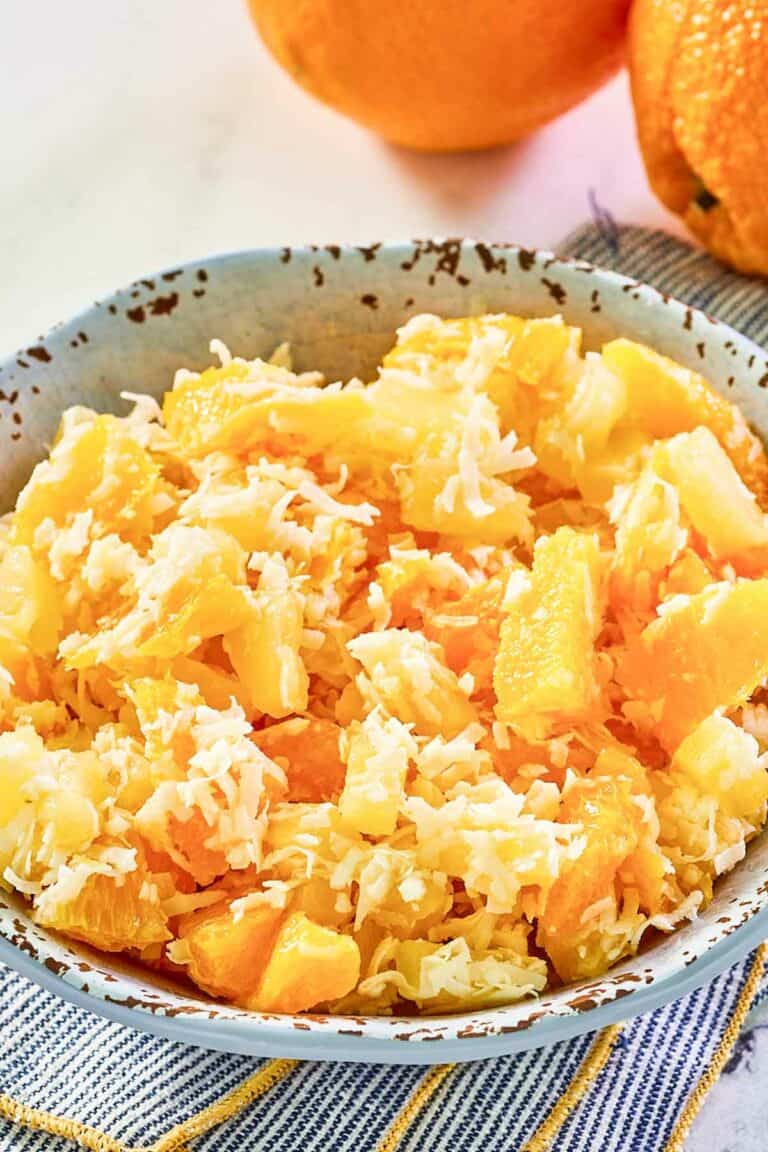 Copycat Luby's Ambrosia fruit salad in a bowl.