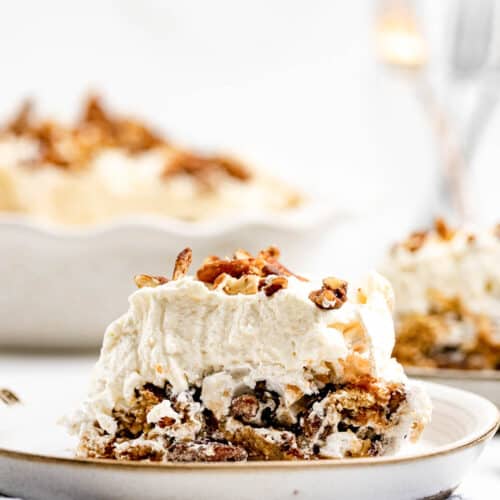 Copycat Luby's butternut brownie pie slice on a plate.