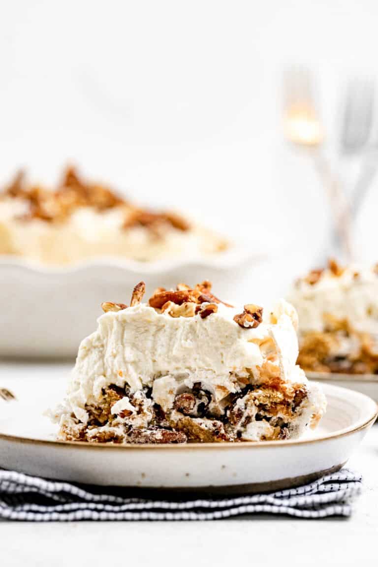 Copycat Luby's butternut brownie pie slice on a plate.