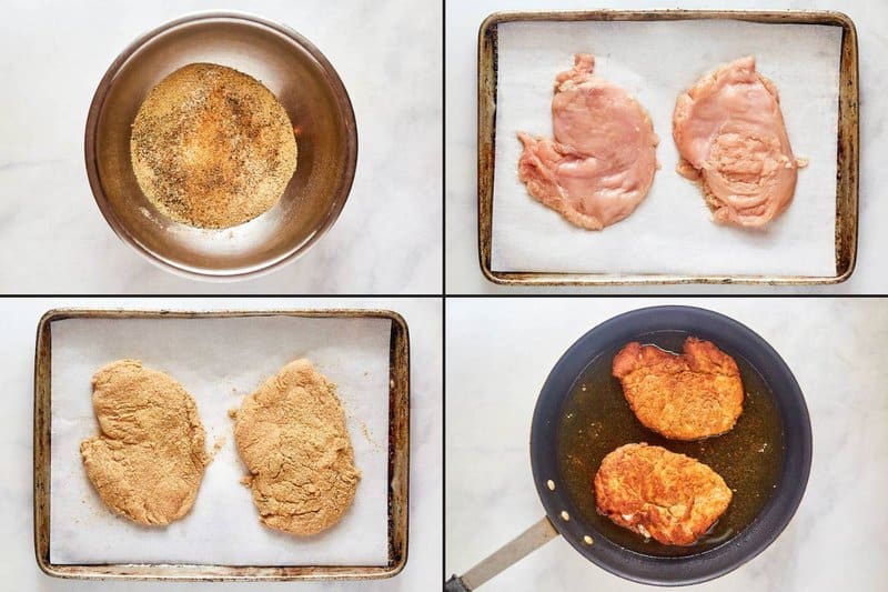 Collage of breading and frying chicken breasts for Luby's chicken durango.