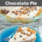 Copycat Marie Callender's German chocolate pie slice and a fork on a plate.